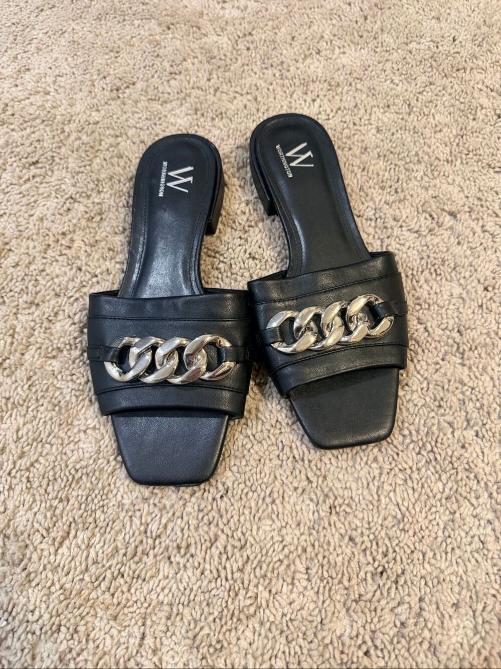 Worthington Black Slide Sandals Chunky Block Heel Silver Chain Link Sz 9
